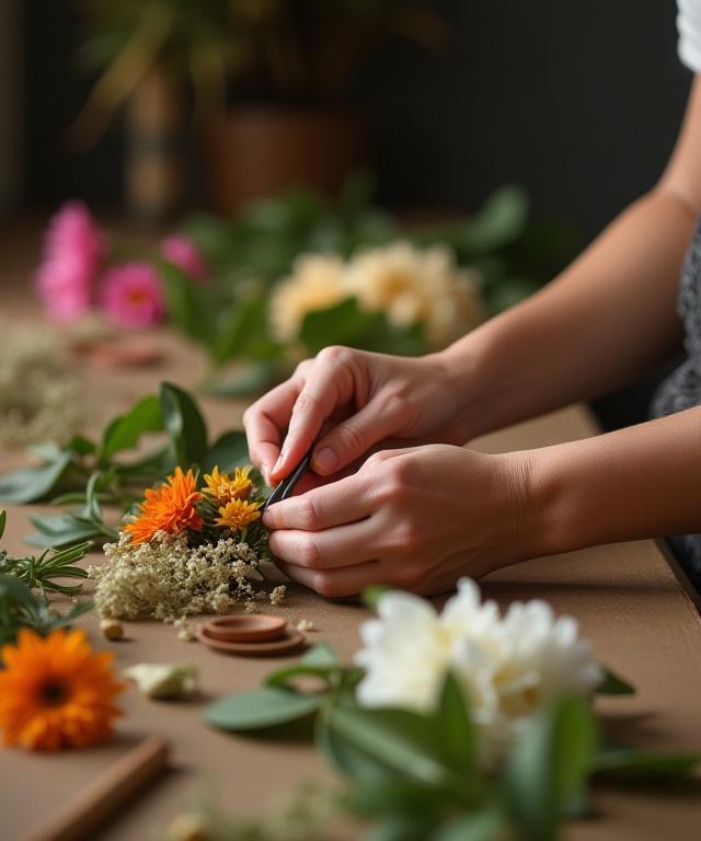 花を丁寧に生ける職人の手