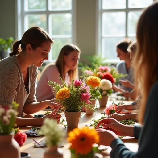 フラワーワークショップを楽しむ参加者たち